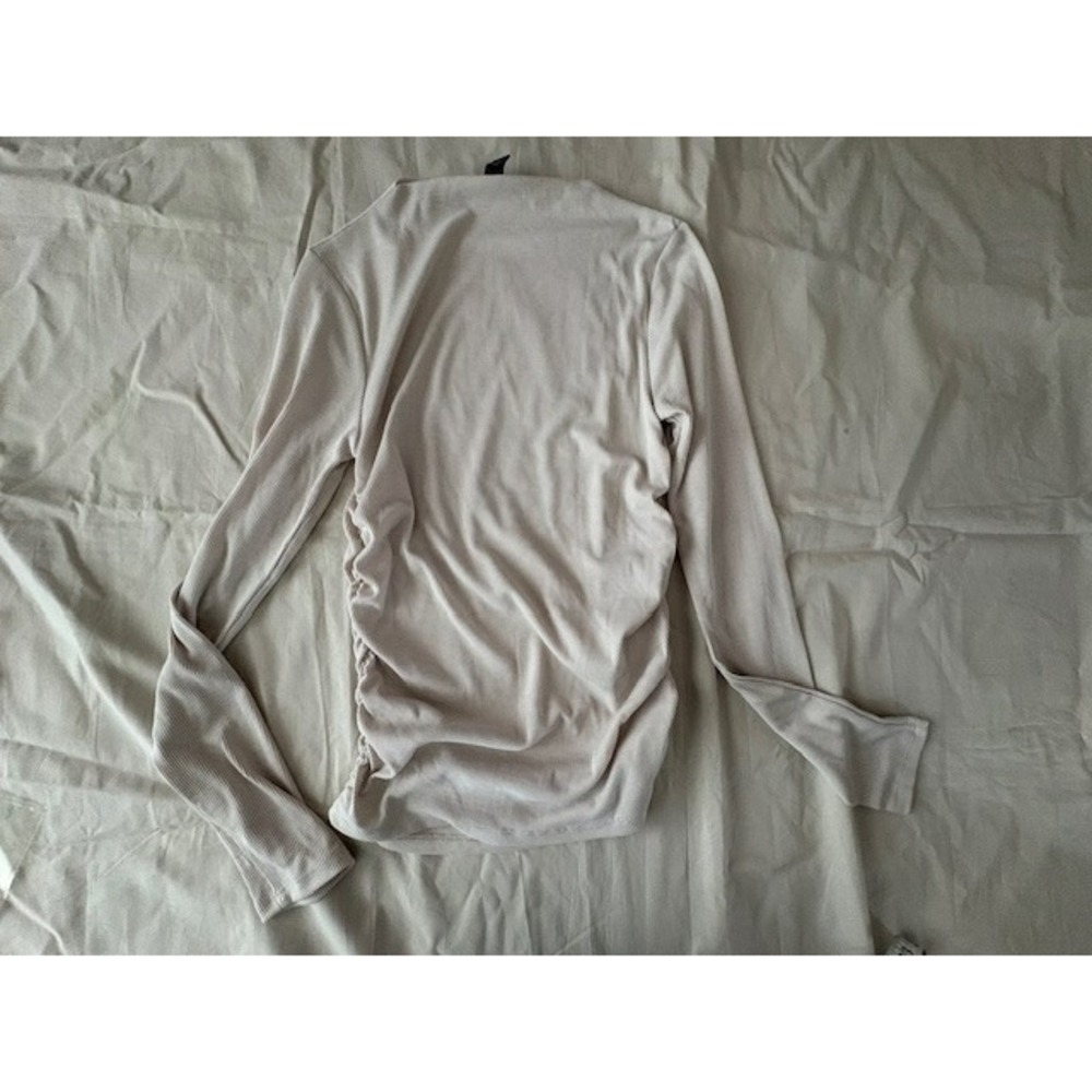 Forever 21 Women Size Small Ribbed Long Sleeve Top Beige Ruched Side Mock Neck